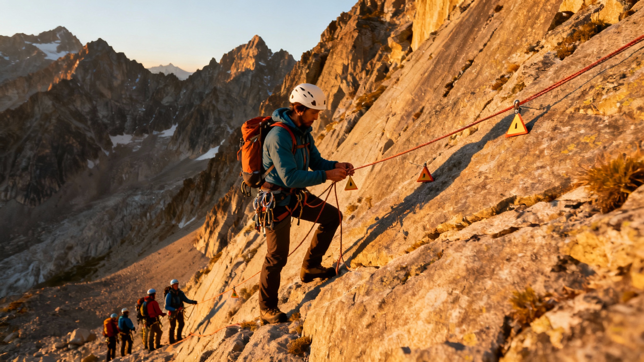 Mountain expedition guides establishing routes and placing markers for team to follow